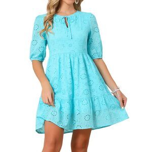 Women's Eyelet Dress Summer Casual Tiered Flowy Mini Dress Lake Blue